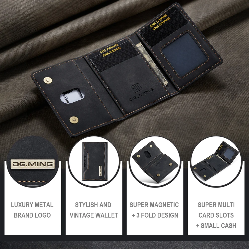 DG.MING M2 Series Portable Card Holder Wallet Trifold Magnetic Buckle Card Bag Vintage Leather Multi Cards Slot Mini Card Bag