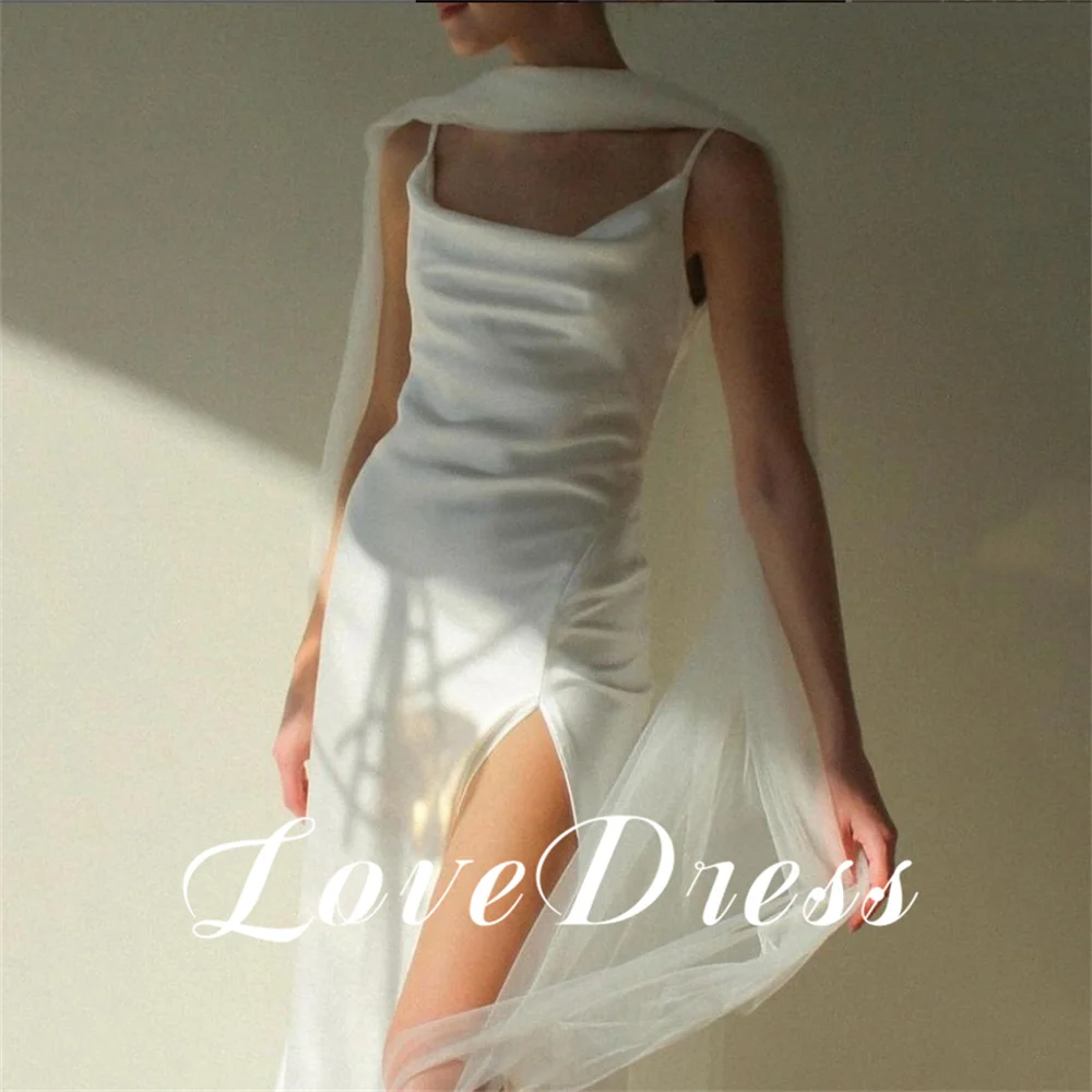 Simple Spaghetti Straps Boat Neck Sleeveless Stain Pleated Wedding Dress High Side Slit Sheath Floor Length Backless Bride Gowns