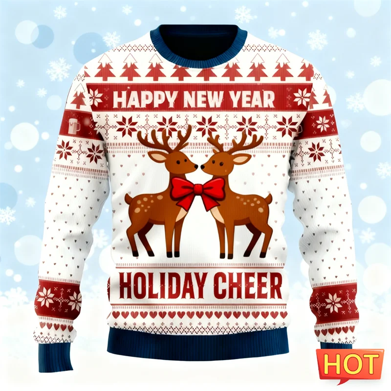 

Fashion Trendy Christmas Ugly Hoodies For Men Simple Holiday Wear 3D Printed O Neck Sweatshirts Loose Breathable Xmas Pullovers