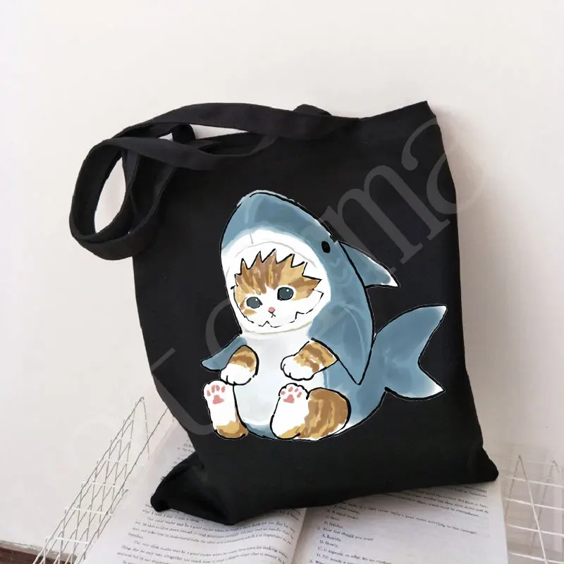 Fashion Casual Cotton Black Canvas Pacakge Hand Bag Cute Cats Animal Kawaii High Capacity Graphic Cartoon Print Shopping Bags