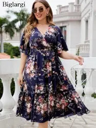 Plus Size letnie Midi sukienka kwiatowa damskie z nadrukiem kwiatowym w stylu Vintage sukienki damskie na co dzień kobieca sukienka mody 2023