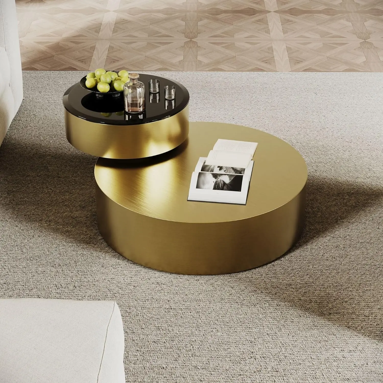 

Круглый вращающийся журнальный столик с поворотной столешницей на 360 градусов, 2 яруса, латунная стальная рама, черное стекло, для гостиной, офиса, на заказ
