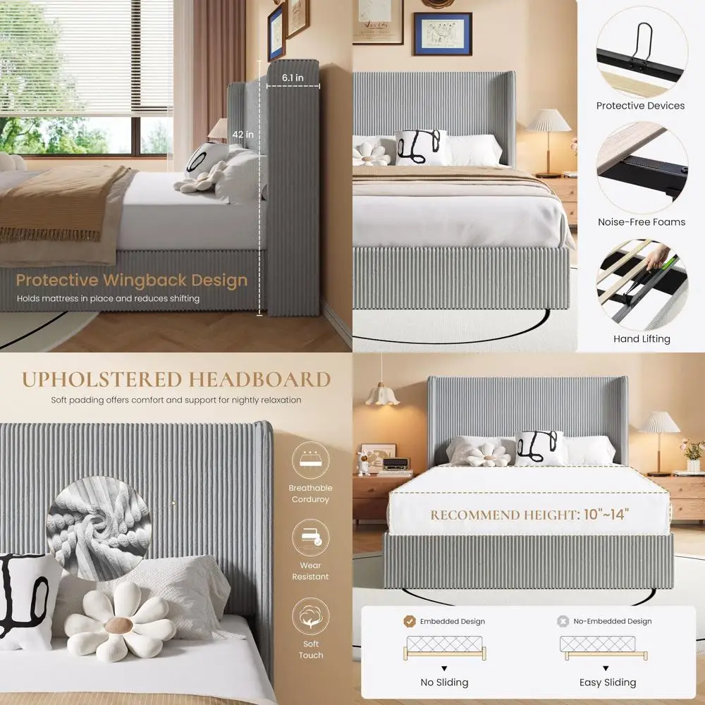 ull Size Lit Up Storage Bed e, ern Upholstered Wingback board, Hydraulic Support & Underneath Storage, Sot Corduroy abric Plator