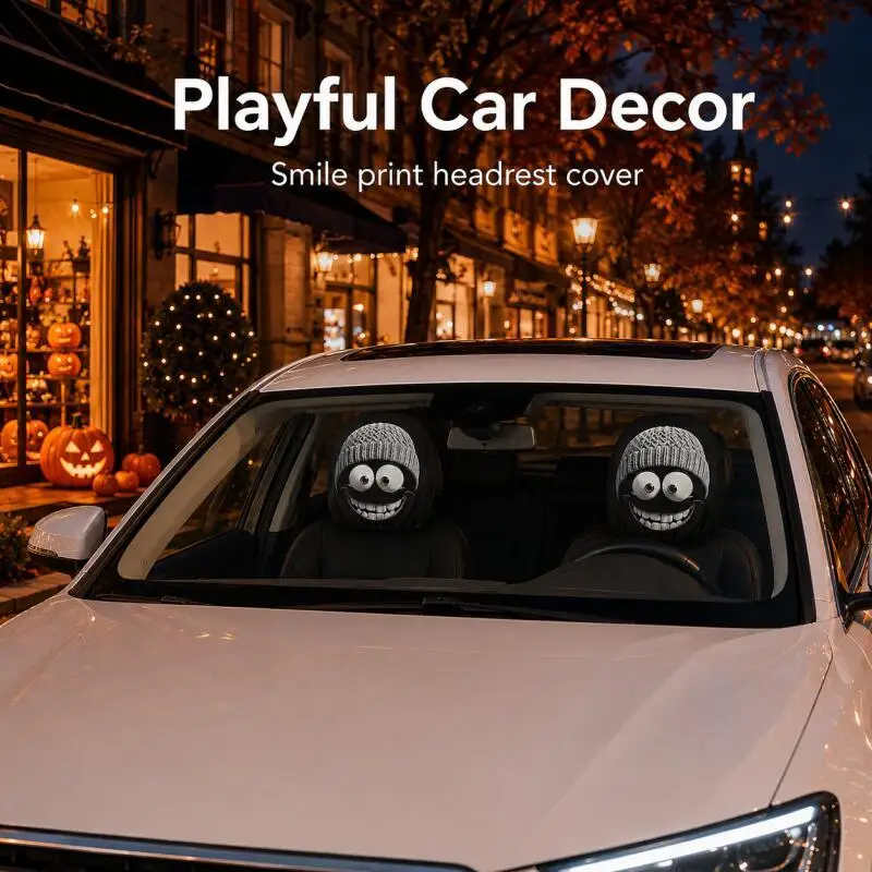 2PCS Gray Smile Print Car Headrest Covers, Polyester Seat Decor, No Filler, Easy Install, Universal Auto Interior Gift