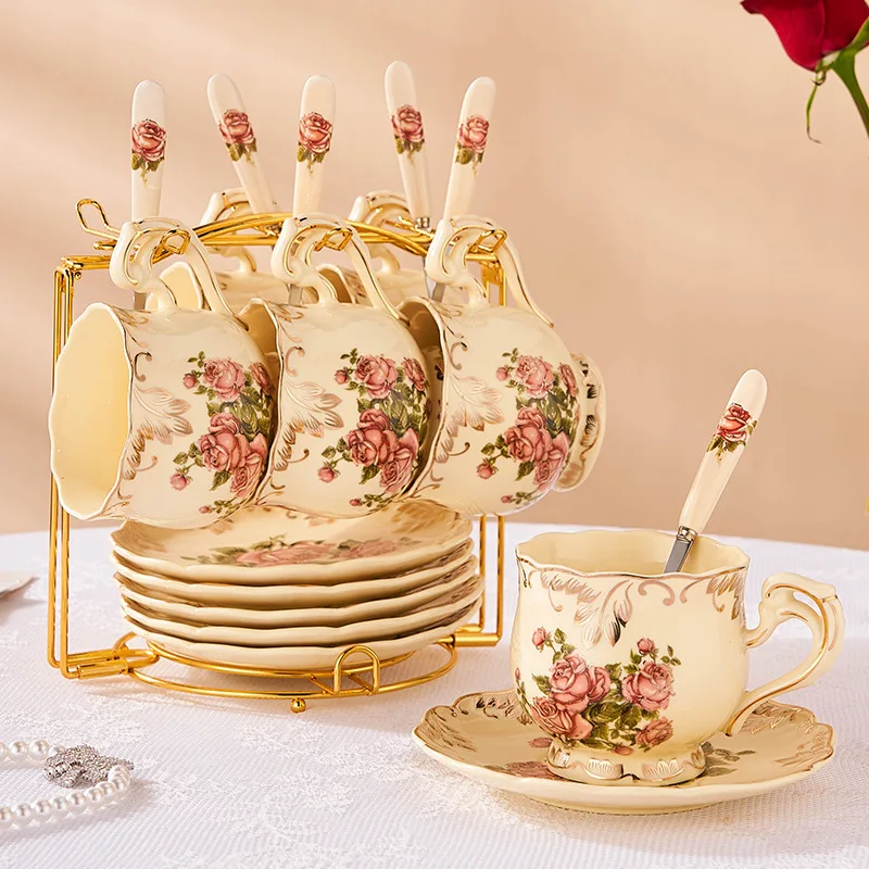 Ivory Porcelain Coffee Set Rose Flower Coffee Pot Sugar Bowl Milk Jug Cake Stand Ceramic Tea Cups and Saucers for Home Tea Party