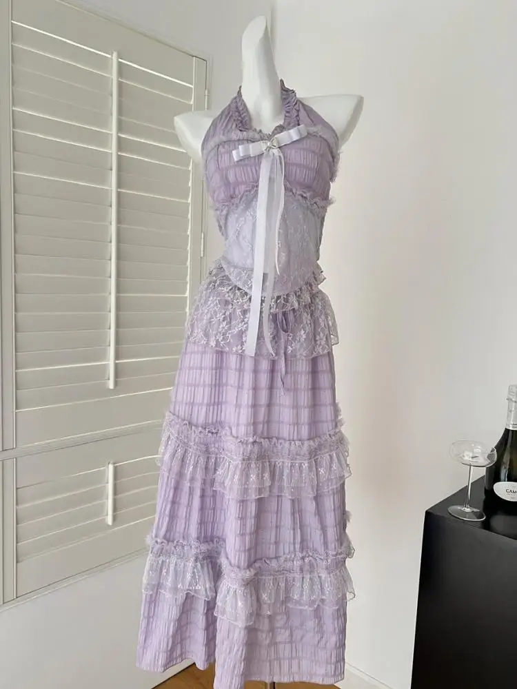 

Summer Vintage Two Pieces Suits Women Lace Patchwork Off Shoulder Backless Bow Halter Short Tops + High Waist Ruffles Long Skirt