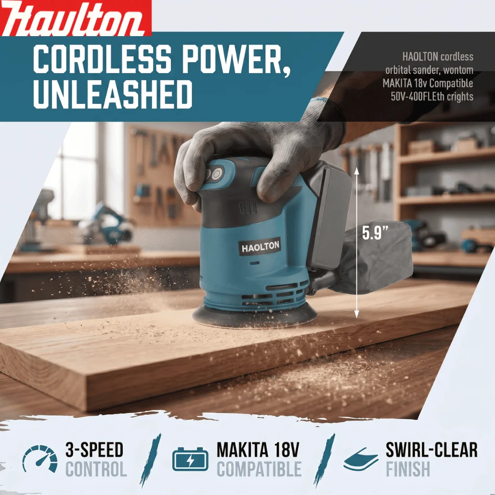 Makita 18V Pin HAOLTON DBO180Z 5 Inch Electric Orbital Sander 3 Speed Adjustable Cordless Rechargeable Woodworking Power Tool