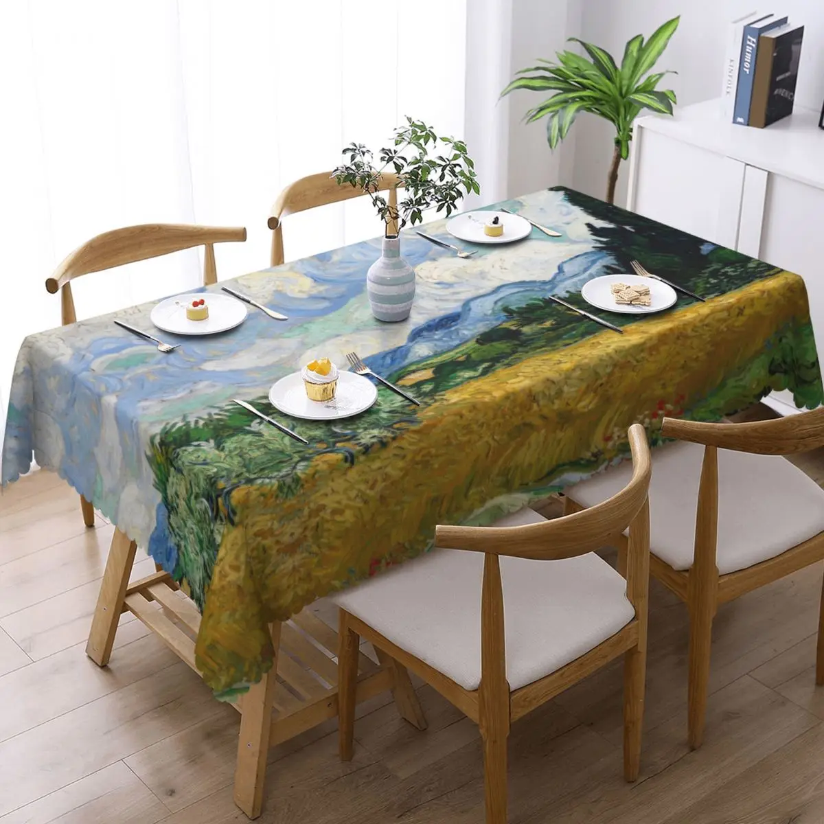 Customized Rectangular Wheat Field With Cypresses Tablecloth Fit 40