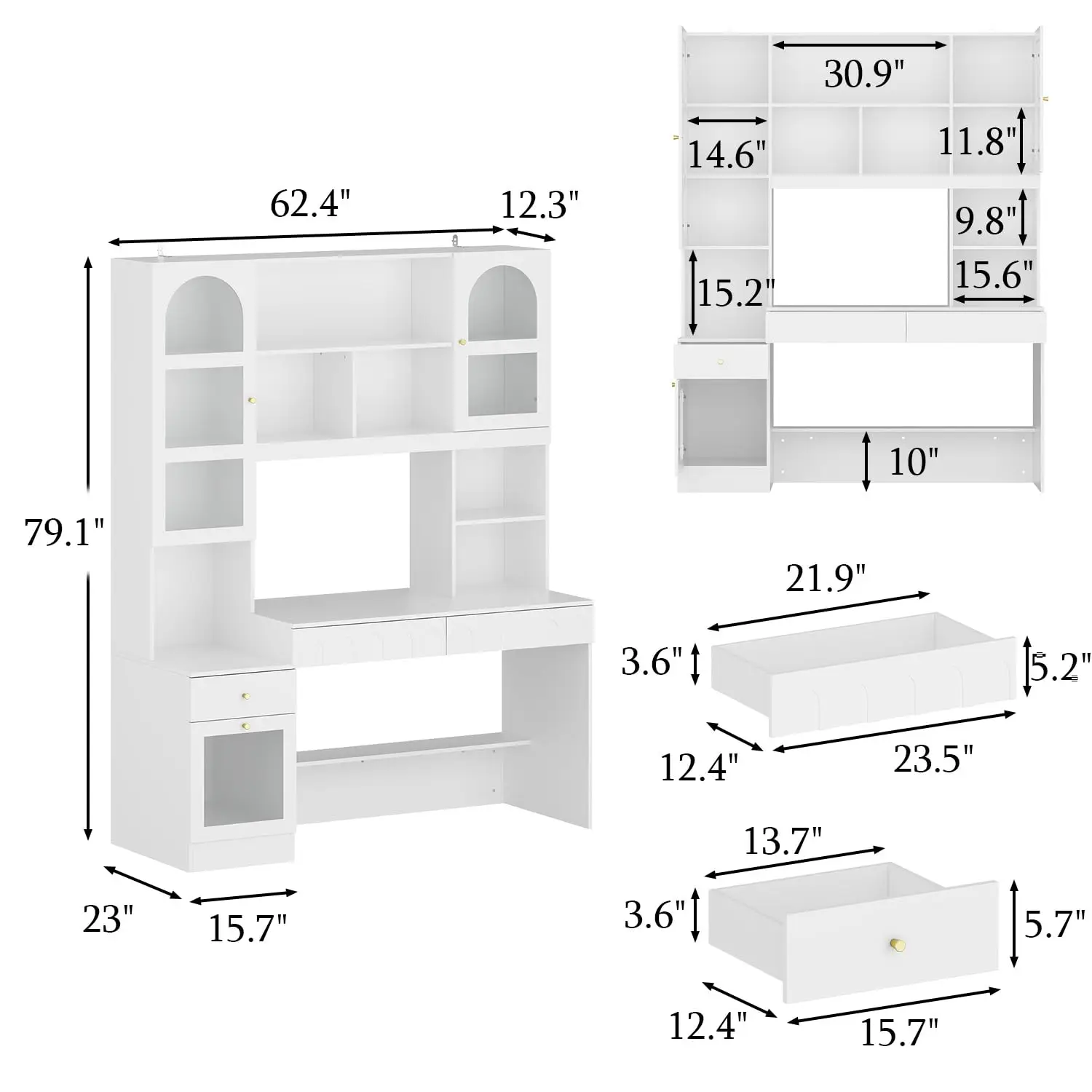 Large Office Desk With Bookshelf & Storage, Writing Computer Workstation With Glass Door, 62.4