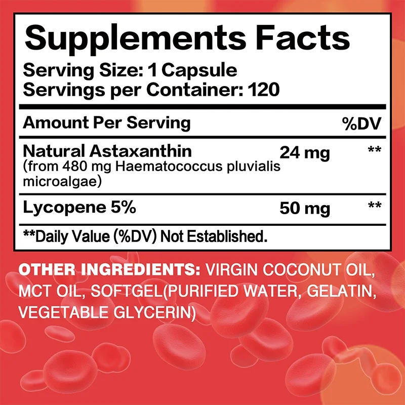 Astaxanthin 24mg + Lycopene 50mg - Heart, Brain, Eye, Joint, Immune, Antioxidant Dietary Supplement