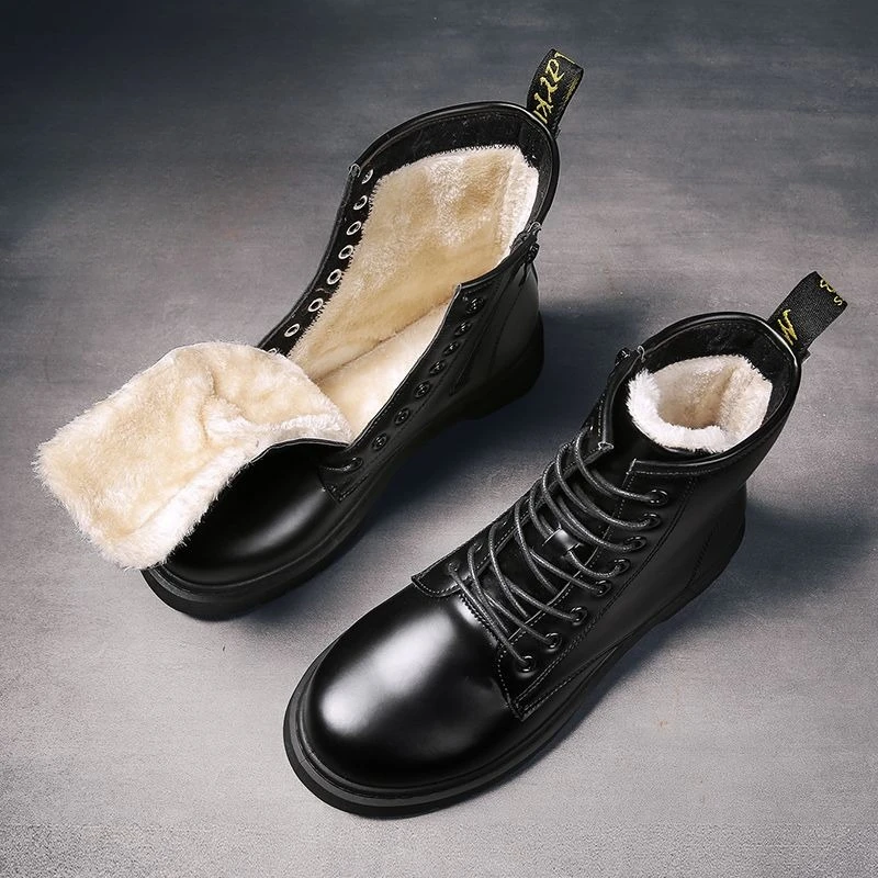 

Men's 2025 Winter High Top Lace Up Snow Shoes Casual Black Leather Cotton Padded Thickened Warm Shoes for Men