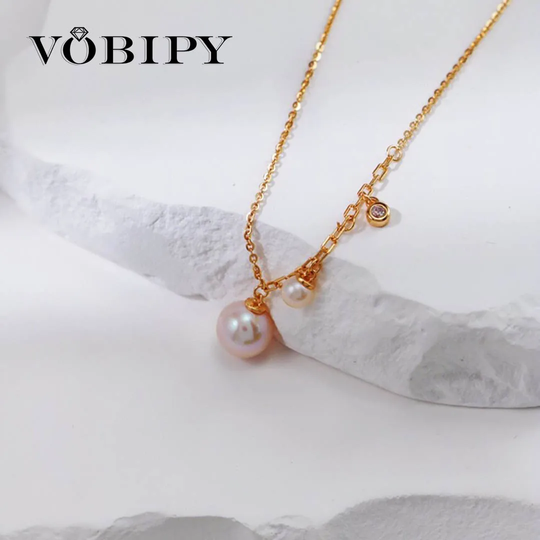 

VOBIPY Pink Pearl Necklace Pendant For Women 925 Sterling Silver 7-8mm Natural Freshwater Pearl Necklace Jewelry Wedding Gift