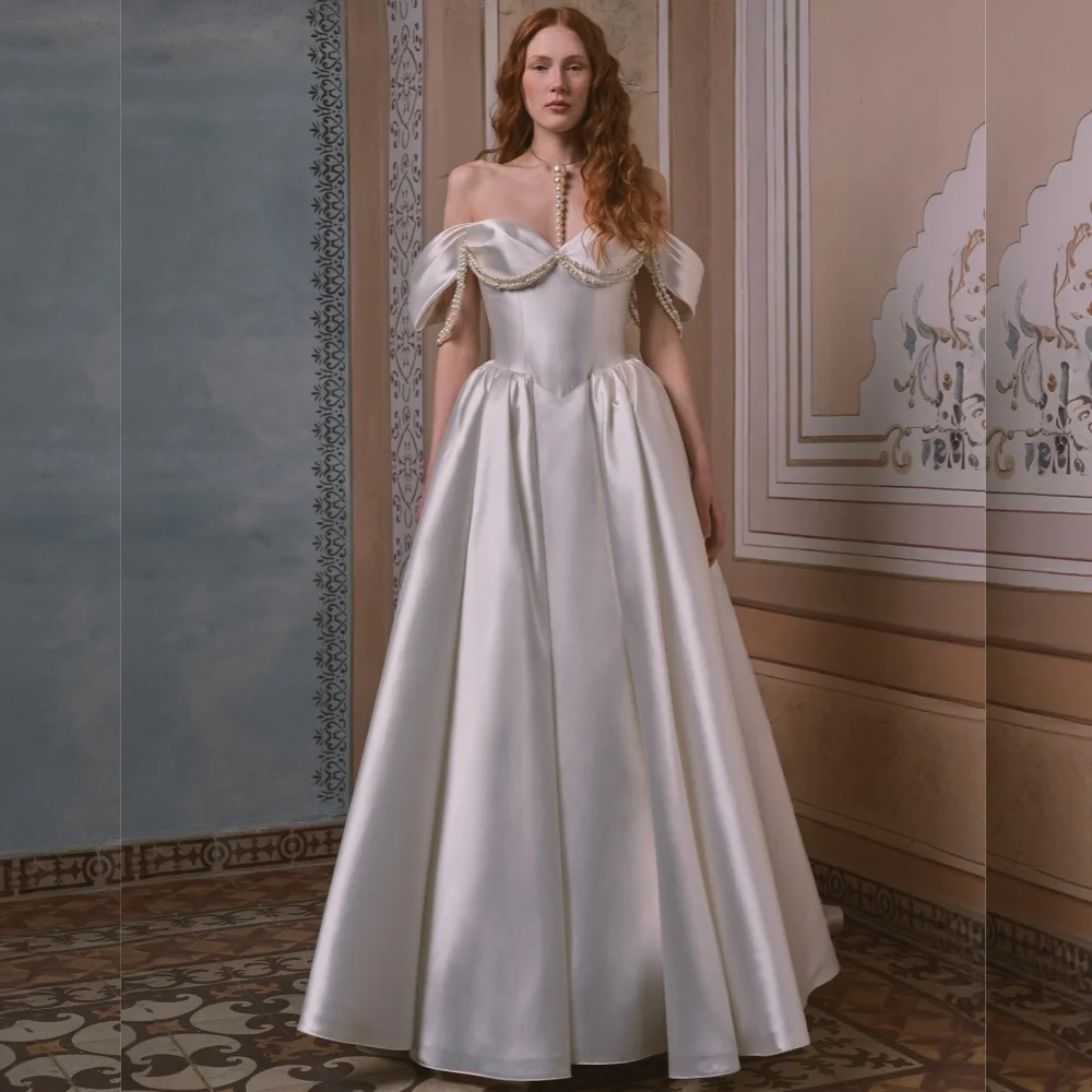 

Customized Exquisite Formal Charmeuse Pearl Pleat A-line Off-the-shoulder Long Dresses Bespoke Occasion Matching