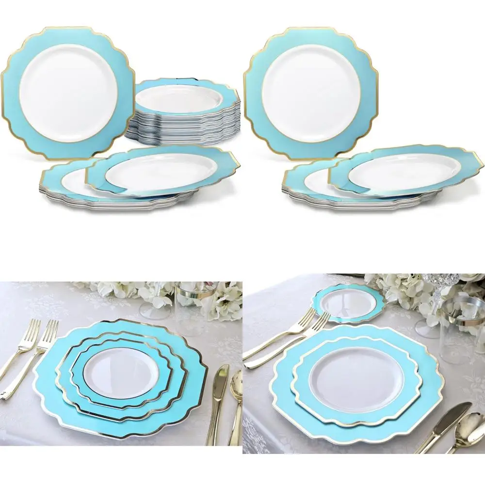 

Тяжелые одноразовые пластиковые тарелки для свадебной вечеринки, упаковка 60, размер ужина 10,5, императорские акценты цвета морской волны и золота