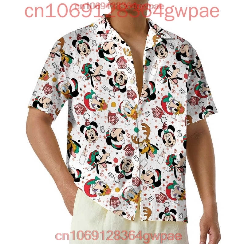 Mickey and Minnie Christmas Hawaiian Shirt Men's Women's Button Up Beach Shirt Disneyland Christmas Short-sleeved Casual Shirt