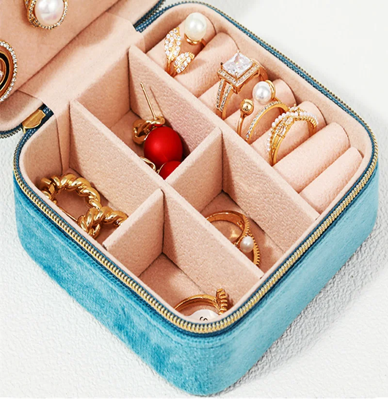 Plush Velvet Jewelry Box For Women Necklace Ring Earrings Organizer Holder Travel Portable Zipper Square Jewelry Storage Case