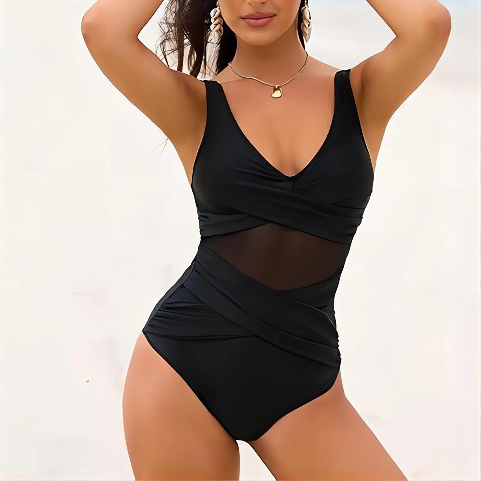 

Women's Spring/Summer New Casual Fashion Mesh Splicing Sexy Tight Triangle Pants Swimwear With Chest Pads Thong Bikini Bottoms