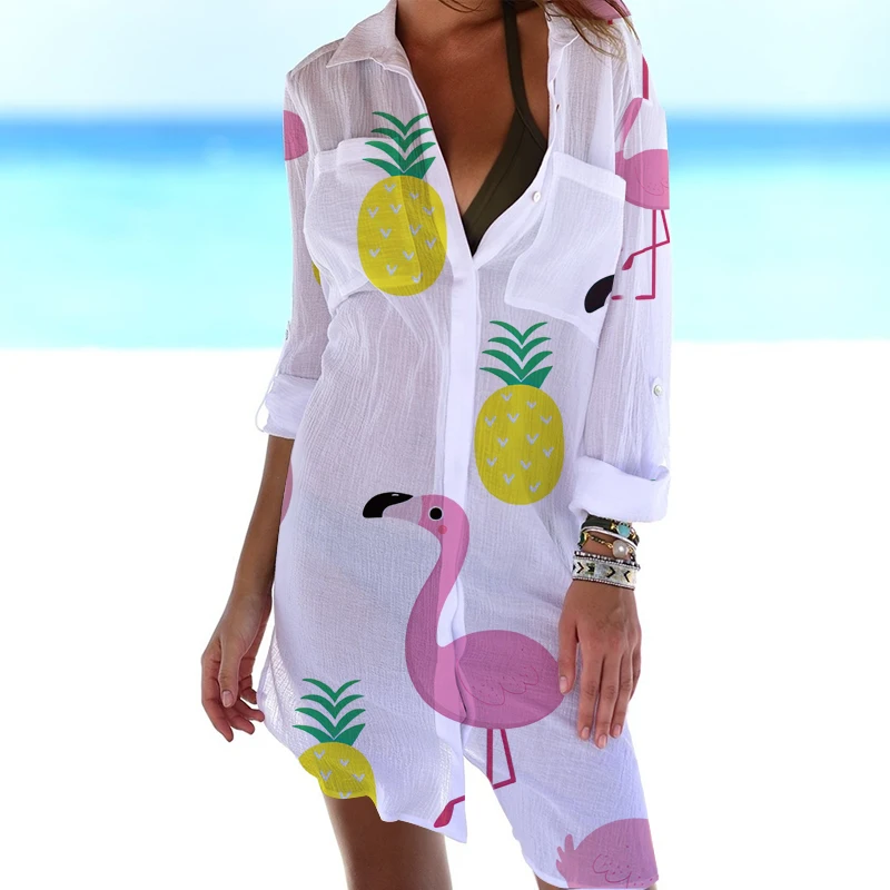 Estate nuovo 20243d Flamingo Print Shirt Dress Animal Beach Sexy Shirt Coat Shirt donna a maniche lunghe Maxi Dress canotta