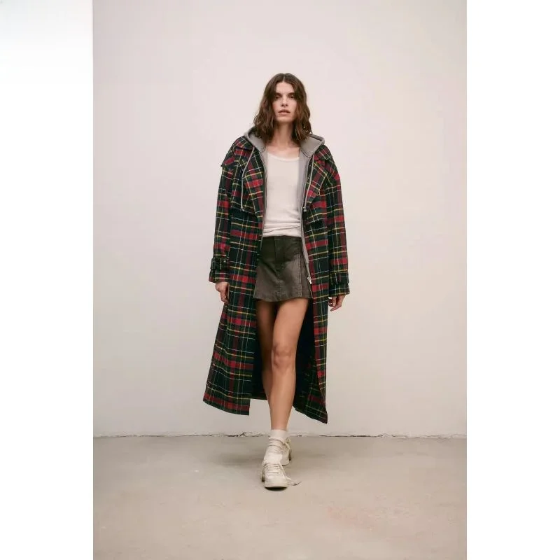 

Women's Long Plaid Texture Woolen Coat with Belted Collar Windbreaker 2023 Autumn Season Long Sve Regular Length