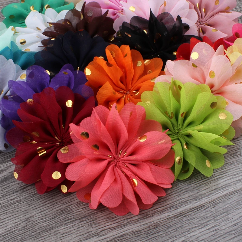 

50pcs/lot 7.5cm 24colors Fluffy Ballerina Chiffon Flower Artificial Fabric Flowers With Gold Dot For Kids Girls Hair Accessories