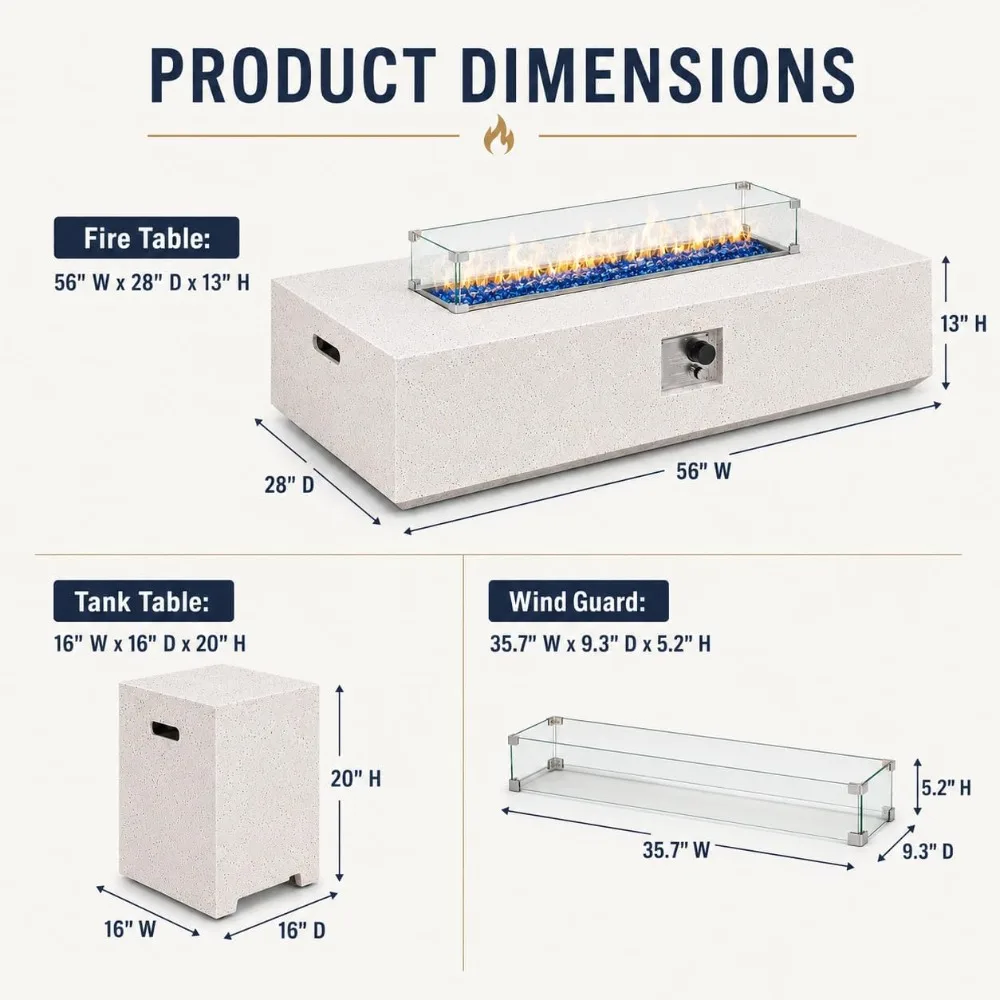 3 Piece Outdoor Rectangular Fire Pit 56 Inch White