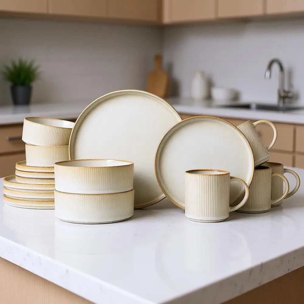 

16-Piece Stoneware Dinner Set with Plates and Bowls, Highly Durable, Dishwasher and Microwave Safe, in Git and Bonbon Beige Colo