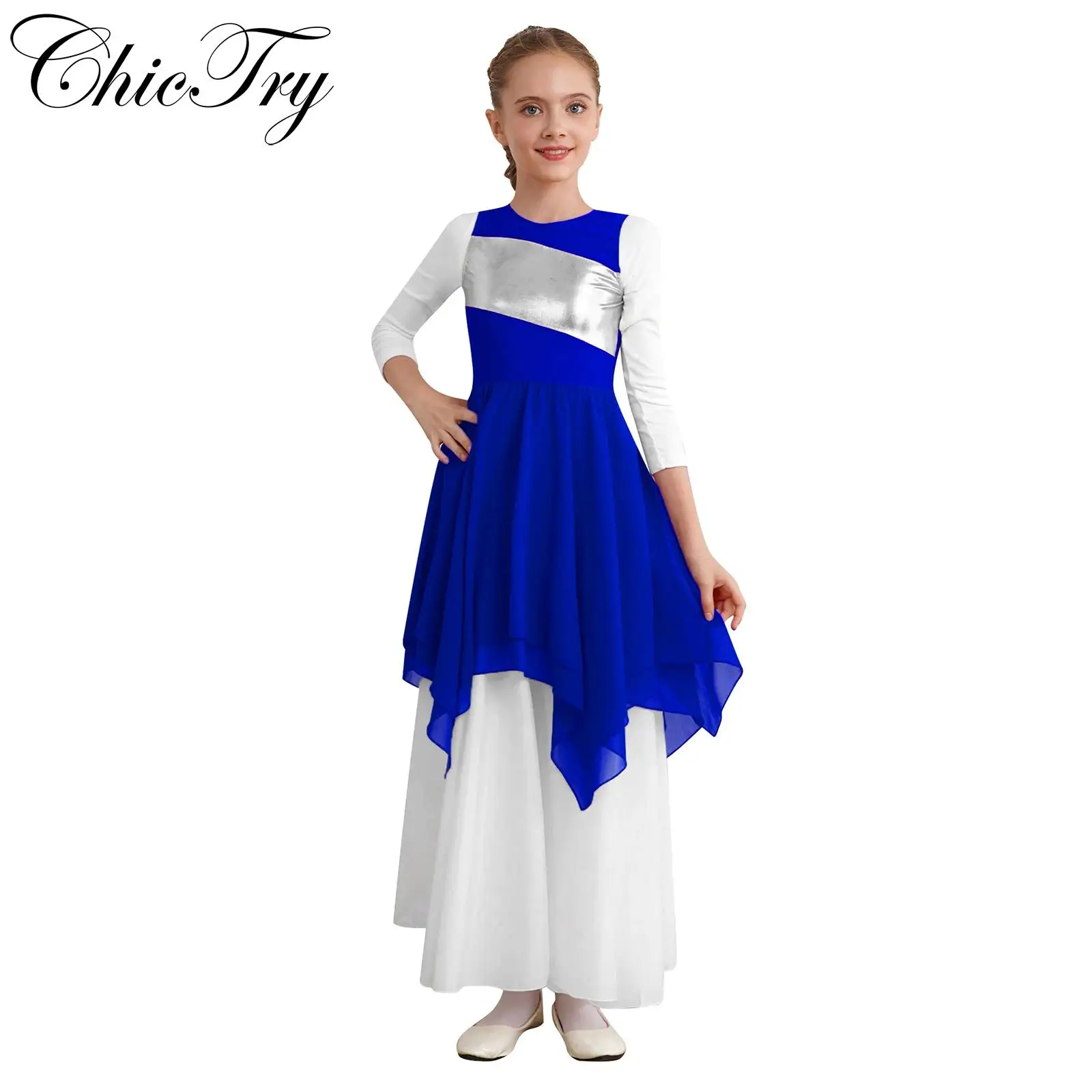 Praise Dance Overlay Dress for Kids Girls Chiffon Lyrical Dance Liturgical Celebration Costume Sleeveless Asymmetric Hem Dresses