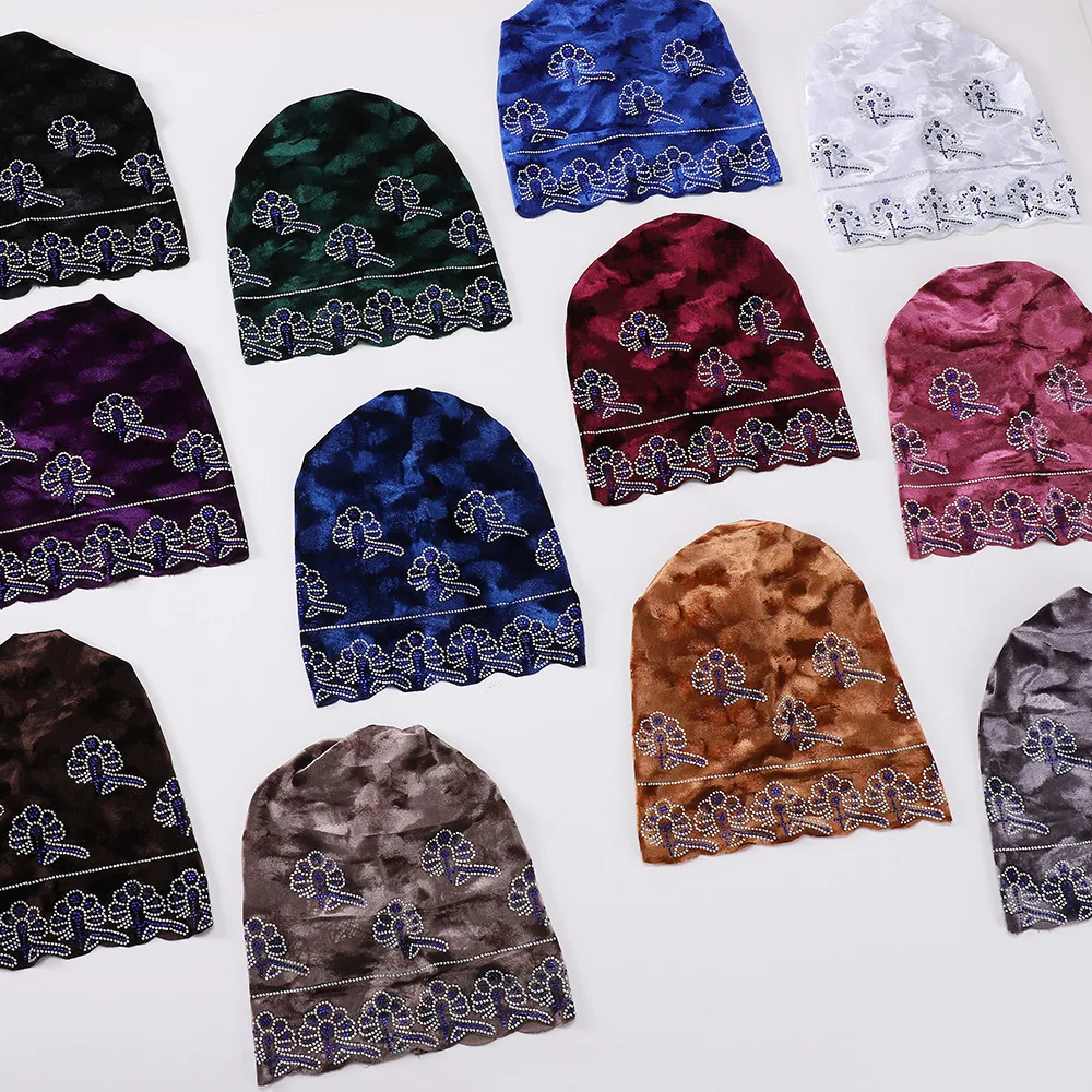 Strass Underscarf Velluto Cofano Berretti Donna Musulmano Hijab Cappello Interno Chemio Cap Perdita di Capelli Foulard Avvolgere la Testa Turbante Mujer