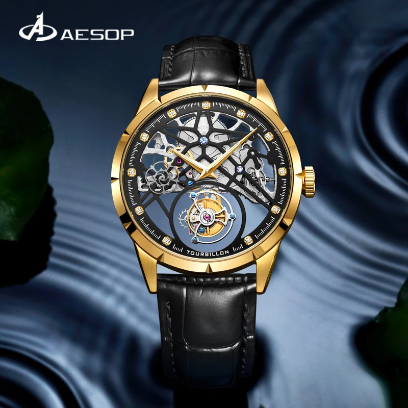 AESOP Men\'s Tourbillon Mechanical Watch Full Transparent Dial Star Fashion Business Trend Waterproof Watch