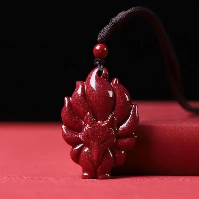 Natural raw cinnabar nine-tailed fox necklace pendant nine-tailed fox pendant DIY jewelry accessories