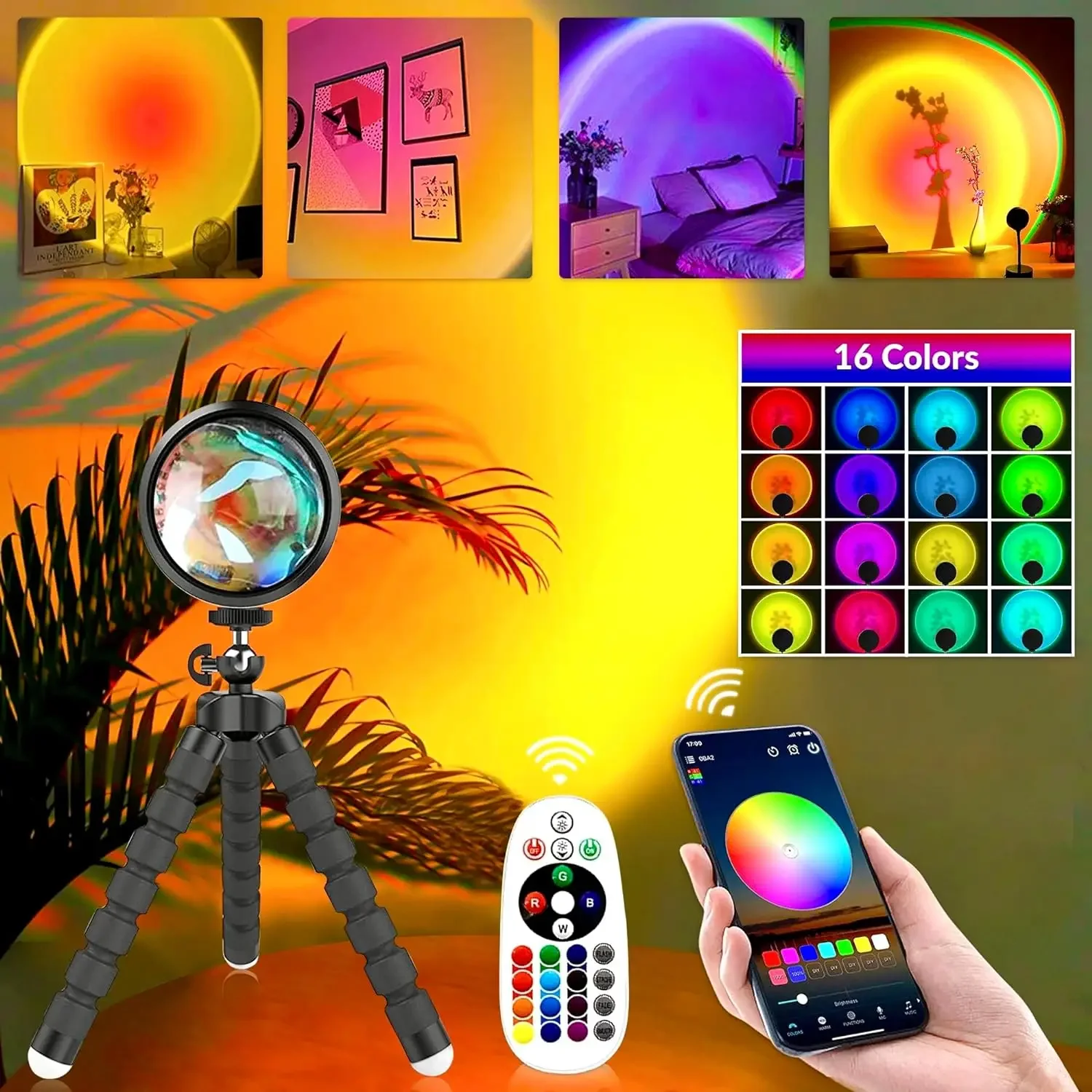 Sunset Strip 16 RGB Colour Changing LEDs - Tripod Projection Light with 360° Rotation for Photography/Parties/Home Decoration