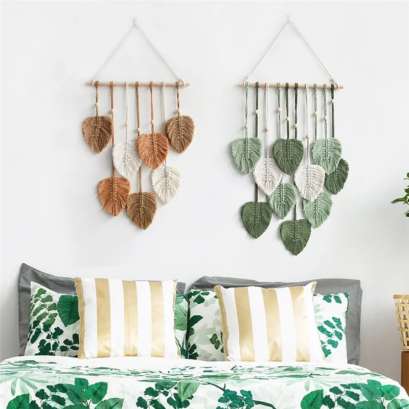 A013 folha macrame parede pendurado boho quarto decoração de casa tecido estético tapeçaria casa quarto decoração casamento verde