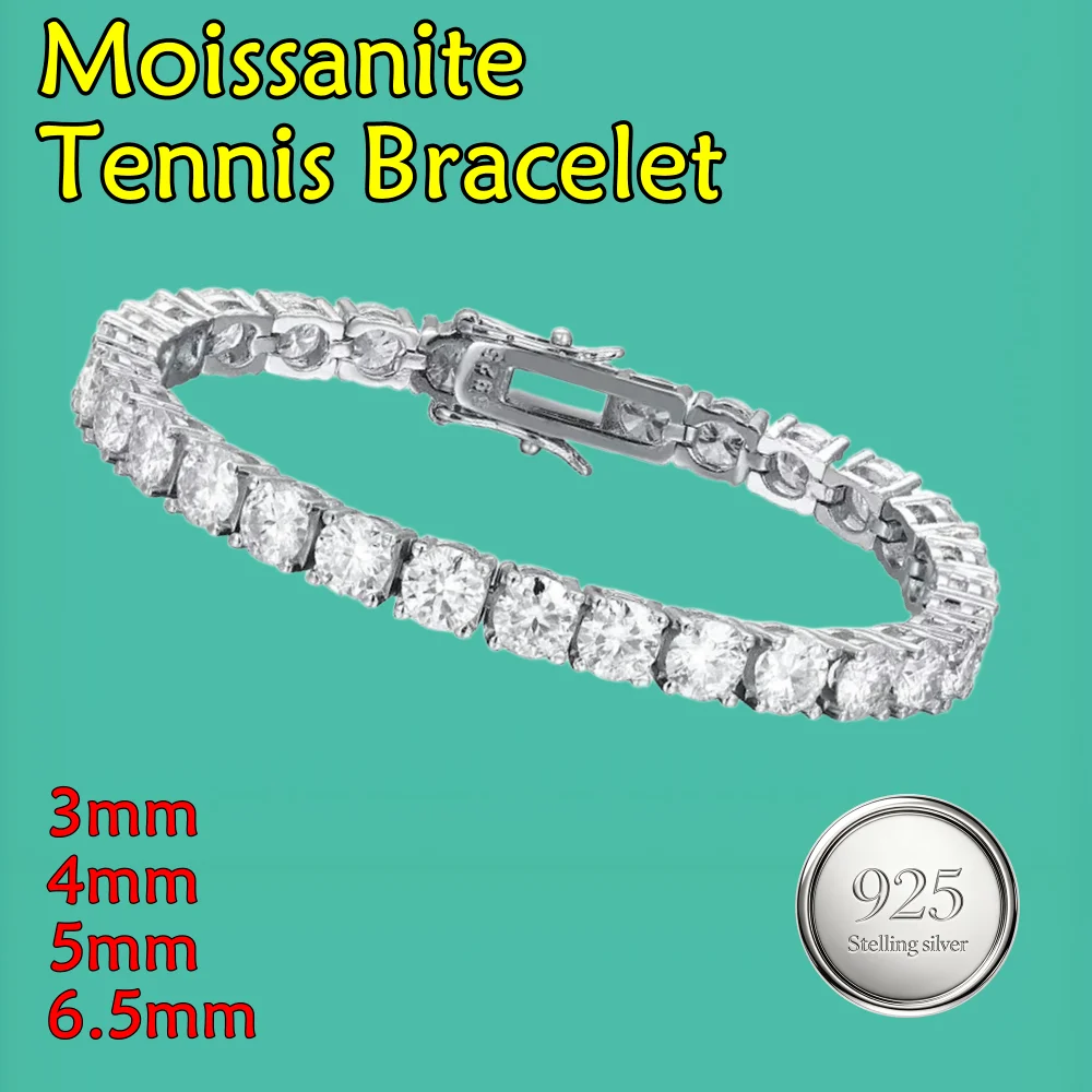 D Color VVS1 Moissanite Tennis Bracelet for Women 3/4/5/6.5mm Classic S925 Sterling Silver Bracelet for Men Chain