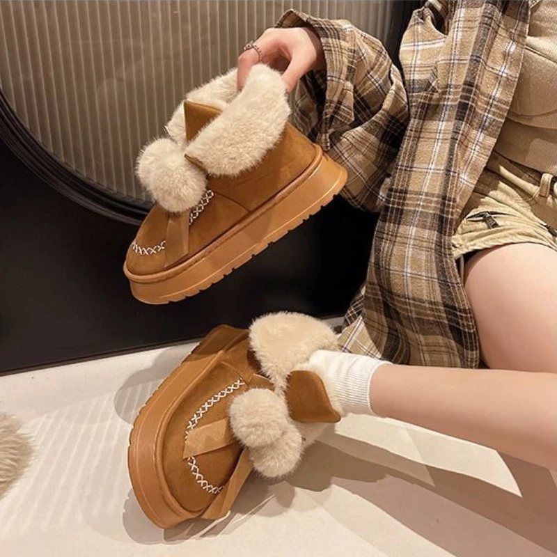 Winter Cute Bow Chunky Snow Boots for Women Round Toe Plush Woman Shoes Padded Y2k High Quality on Offer 2025 Novelty Footwear