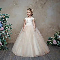 Vestido de baile infantil manga curta renda, vestido de princesa, trem longo, romântico, sem mangas, arco, menina, casamento