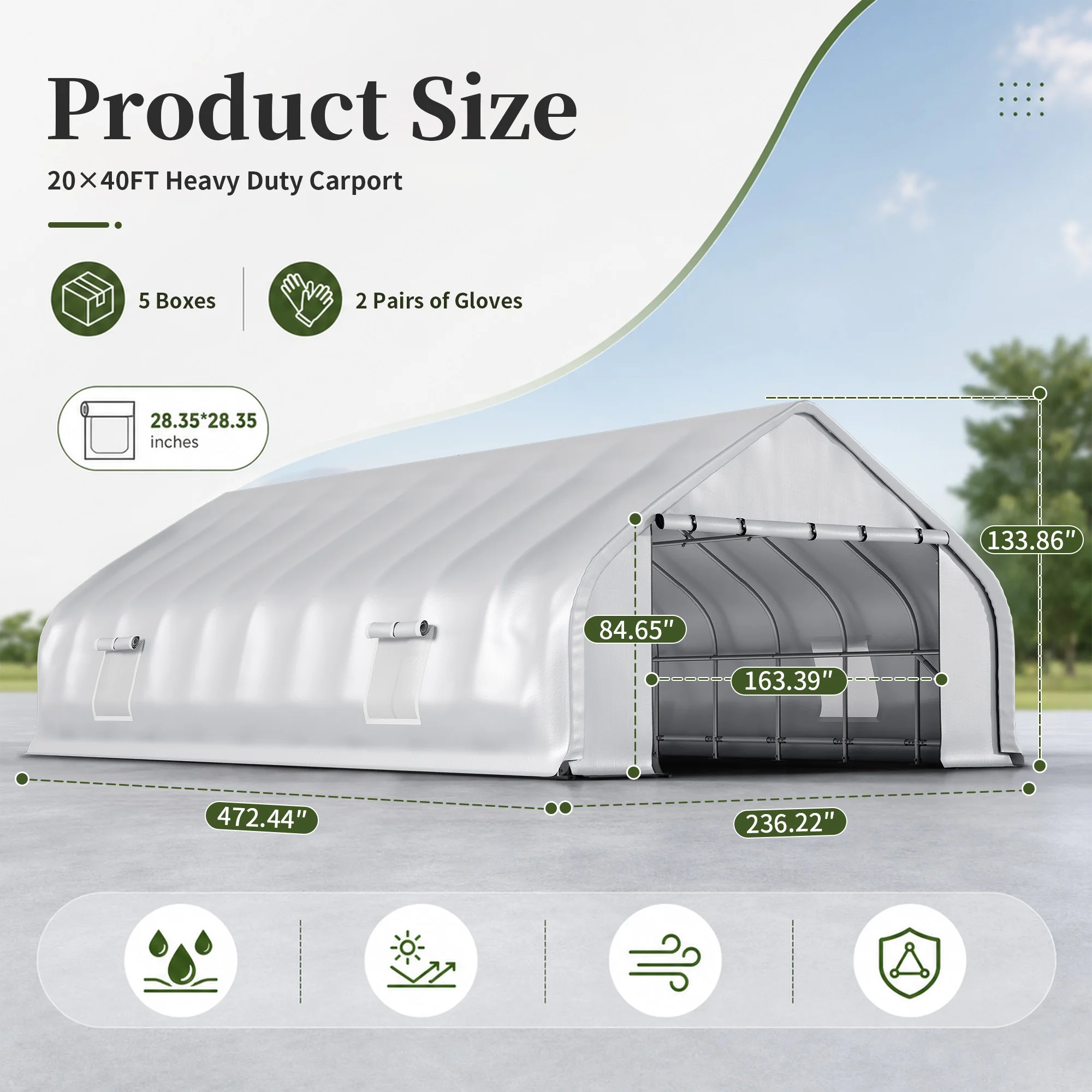 20x40 FT Heavy Duty Curved Carport, Portable Car Tent Garage with Reinforced Galvanized Steel Frame, Enclosed Car Port Canopy with Roll-Up Windows & Doors for Truck, Boat, Silver