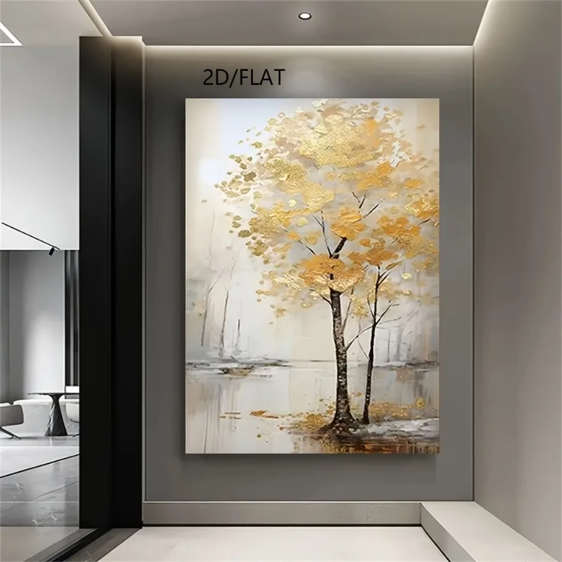 

Golden Money Tree Wall Art with Golden Leaves, Chinese Style Foyer Decor for Living Room, Bedroom, Dining Room No Frame Artwork