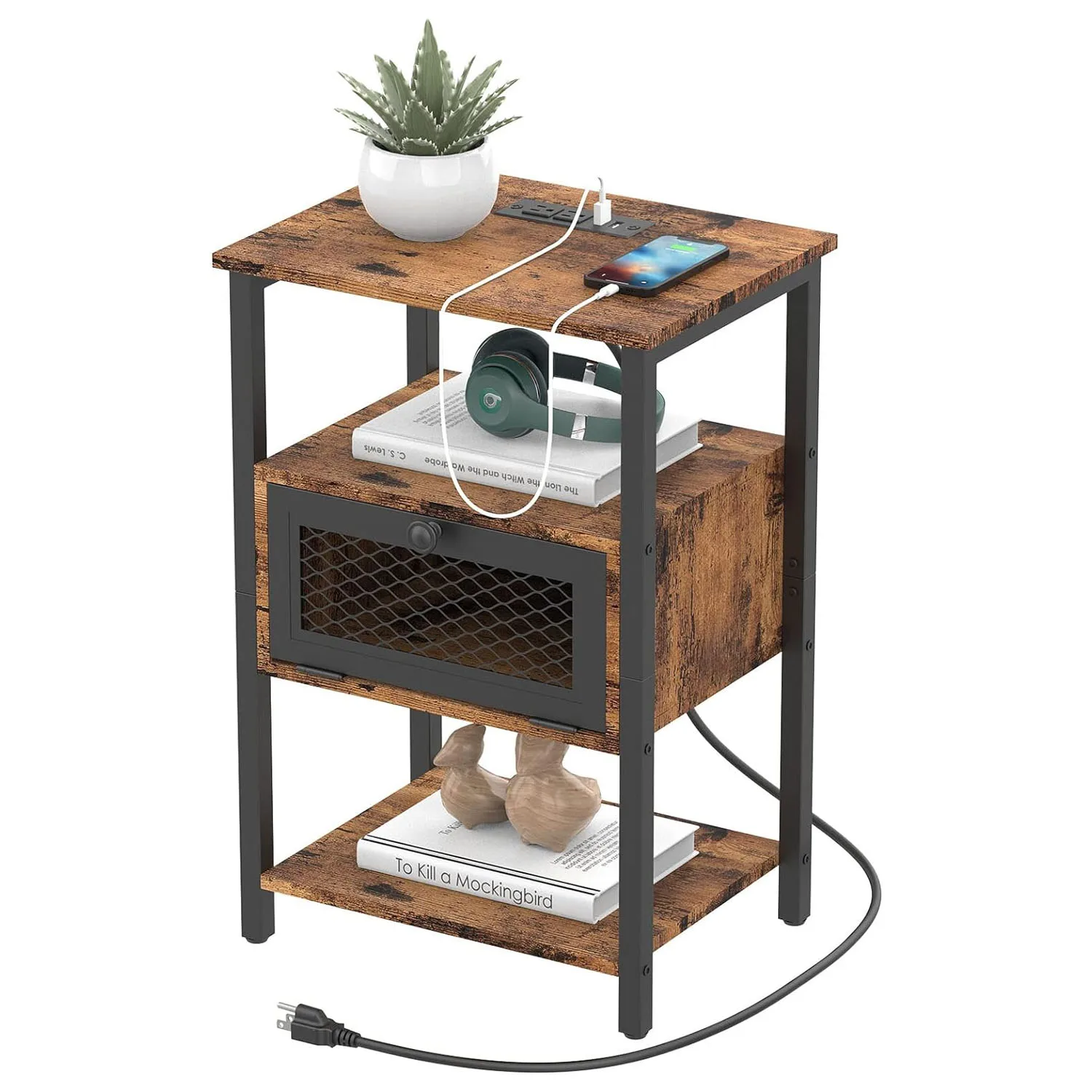 

End Table with Charging Station, Nightstand with Drawer, Small Bedside Table featuring USB Ports and Outlets for Bedroom Use.