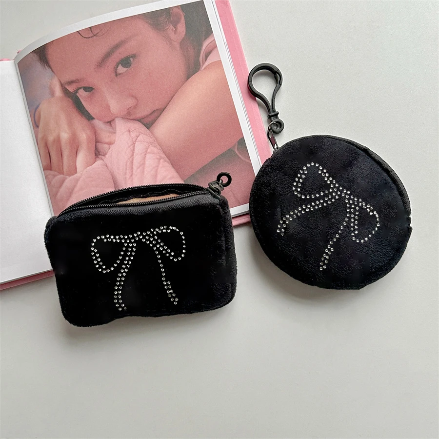 Diamond Bow Knot Woman Wallet Plush Coin Purse Japanese Y2k Fashions Purse Square Mini Bag Kawaii Mini Pouch Korean Popular Bag