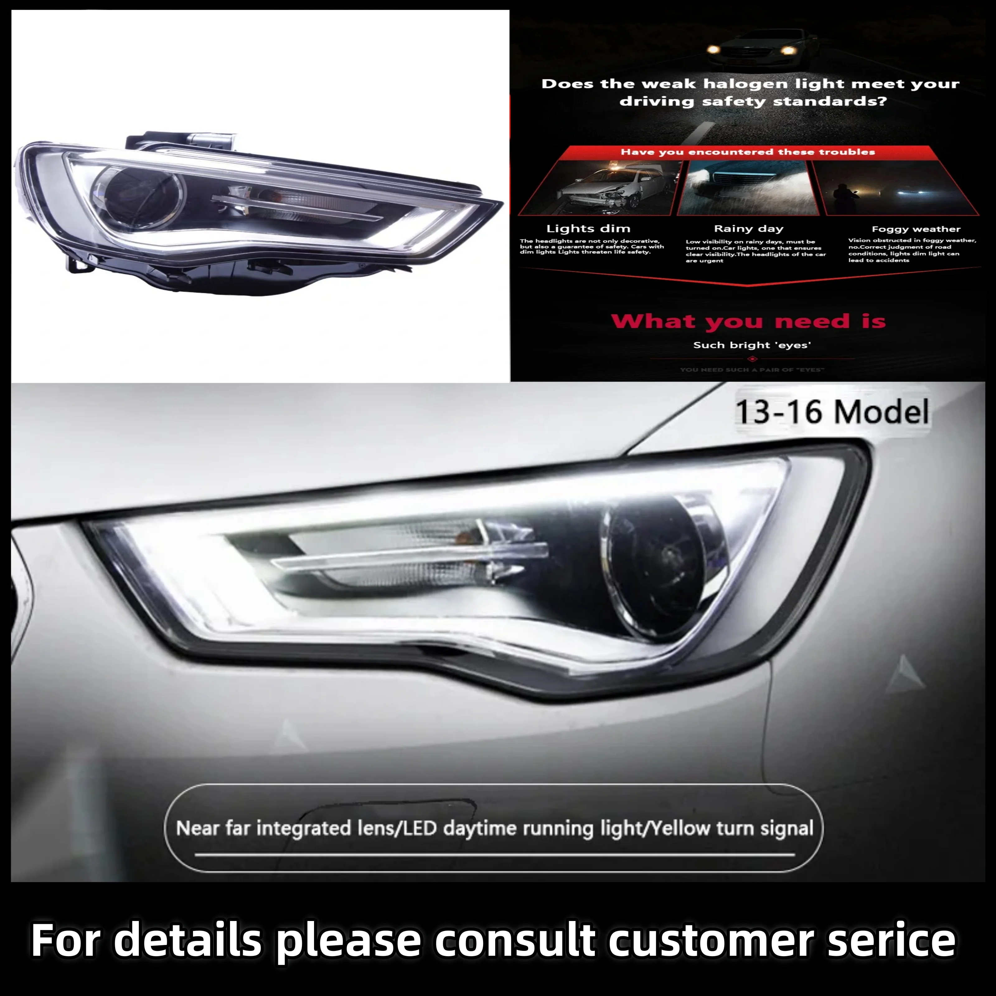 Headlight Assembly for Audi A3 13-16  High-end LED Daytime Running Lights Dual Lens Xenon Headlights