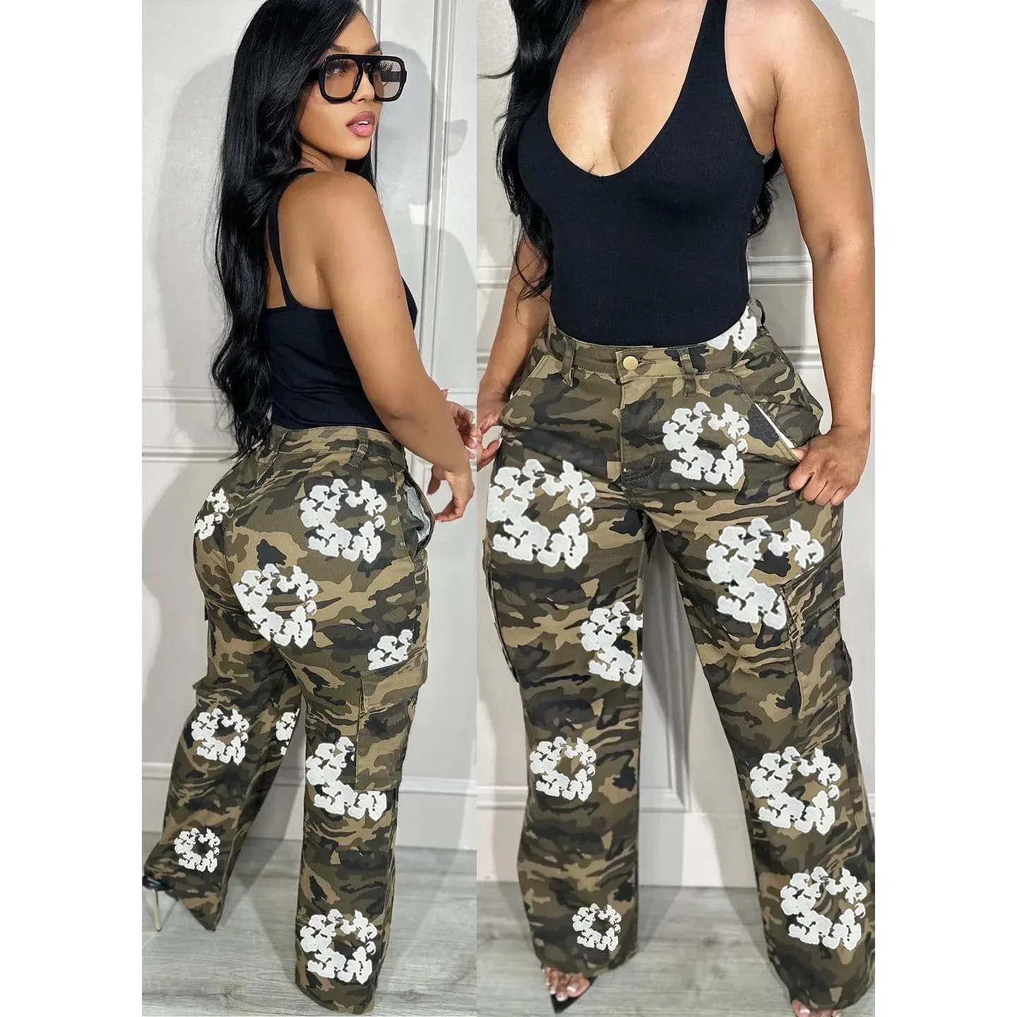 

Spring 2024 Womens Streetwear Clothing Manufacturers Camouflage Cargo Pants Straight Leg Women Camo Pants