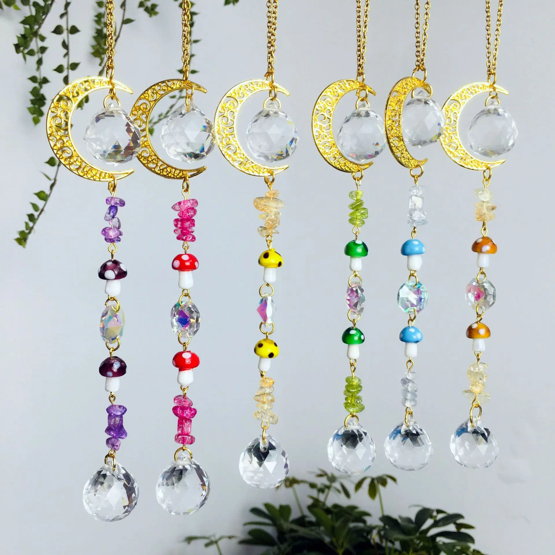 Golden Crescent Moon Sun Catcher Wind Chimes Cute Mushroom Charm Natural Chips Crystal Quartz Tassel Pendant Hanging Decoration