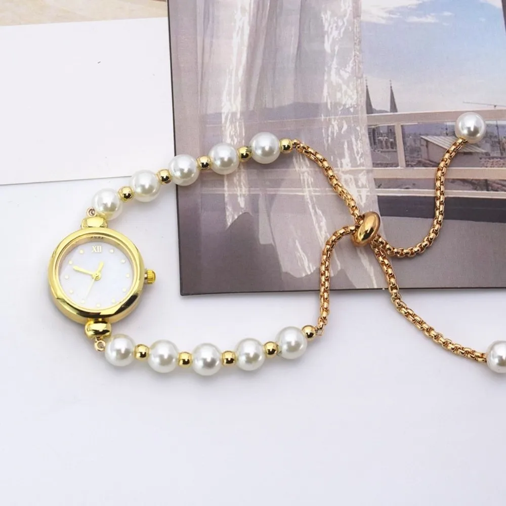 Round Dial Pearl Bracelet Watch Elegant Minimalist Women Quartz Watch Roman Numeral Adjustable Drawstring Chain Small Dial Watch