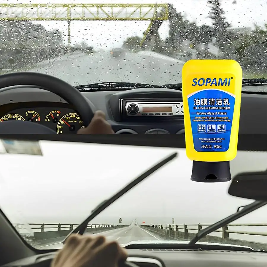 150ml Car Glass Oil Film Remover Emulsion With Sponge, Windshield Window Rearview Mirror Stain Cleaner, Anti-fog Anti-rain Glass view 5