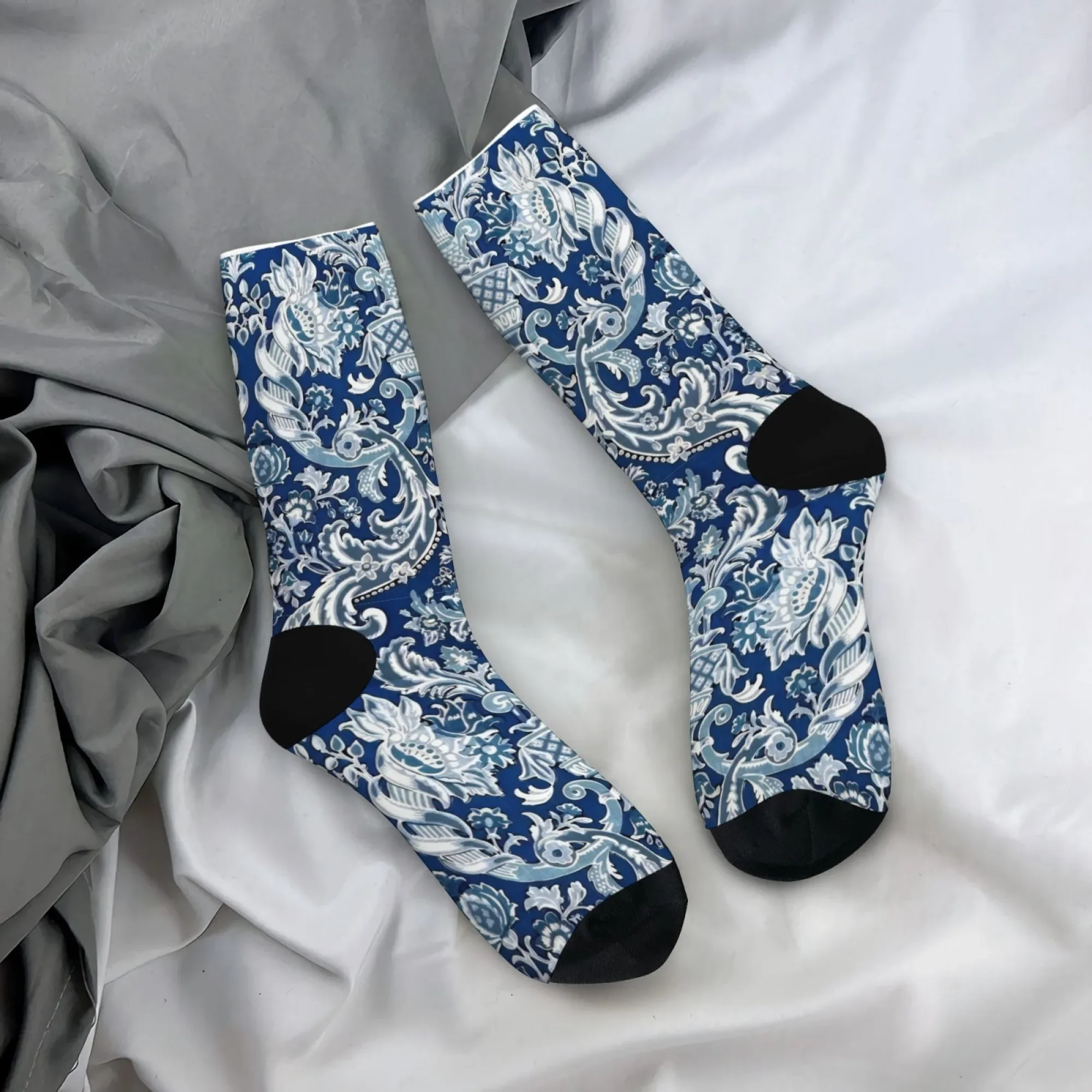 

Blue and White Baroque Style Socks Intricate Paisley Floral Scrolls Print Hand-Painted Style Mid-Calf Socks for Elegant Style