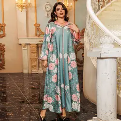 Eid Diamonds Abayas for Women Muslim Print Dress Lapel Jalabiya Morocco Kaftan Dubai Turkey Robe Djellaba Islam Clothing Caftan