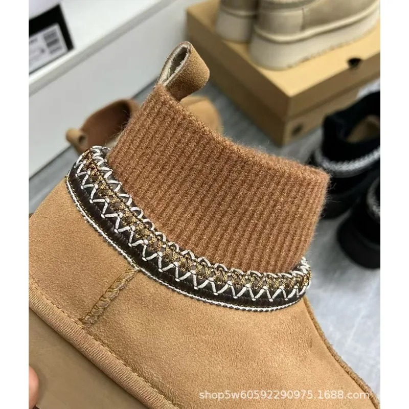 Hohe Schneestiefel, SGGU, für Damen und Herren, im ethnischen Stil, mit Schnürung, große Damengrößen, Baumwollstiefel, aus gestricktem Rindsleder, Wolle. – Detail 8