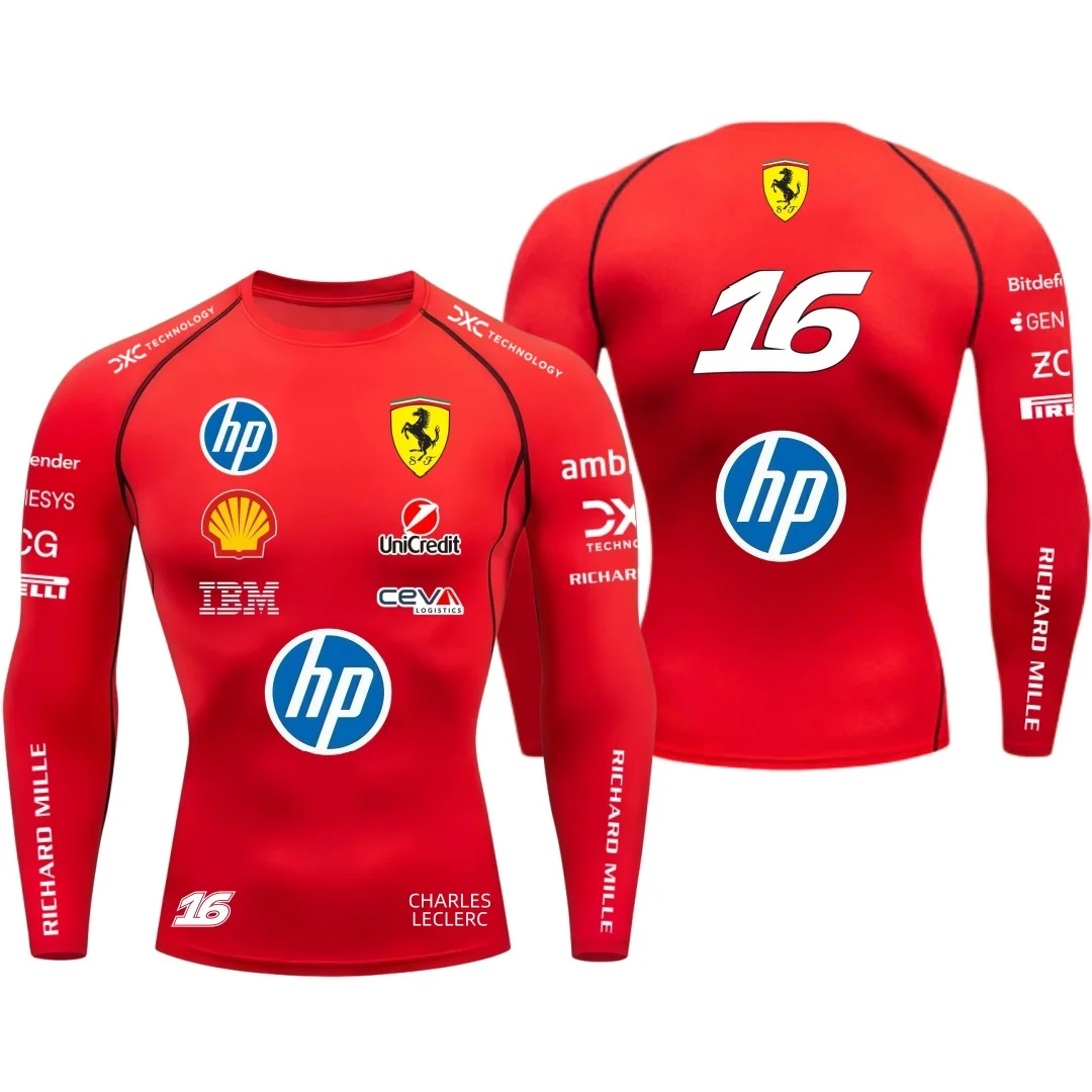 2026 Ferrari Men's Tight T-shirt, Hamilton 44, Outdoor sports, racing, fast drying, Charles Leclerc 16, Elastic, long sleeved