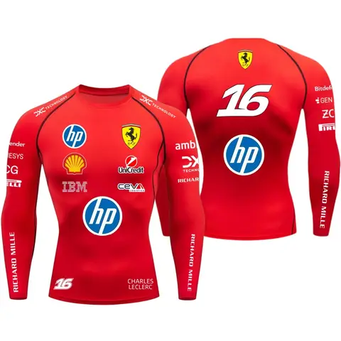2026 Ferrari Men's Tight T-shirt, Hamilton 44, Outdoor Sports, Racing, Fast Drying, Charles Leclerc 16, Elastic, Long Sleeved