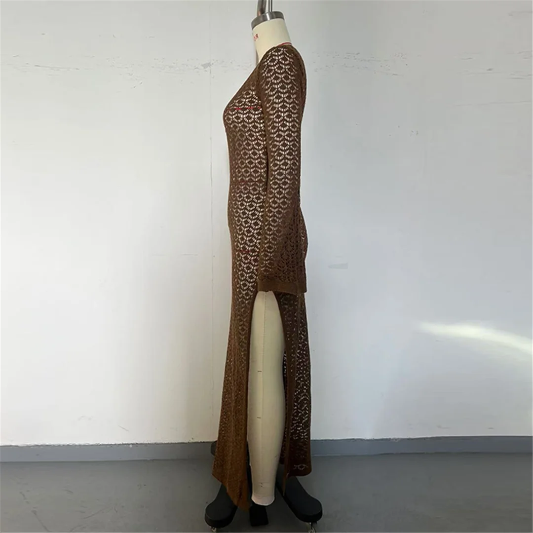 Ausgeschnittenes, langärmliges, hochgeschlitztes, gehäkeltes, gestricktes Tunika-Strandkleid, Strandkleid, Strandmode, Damen V8512 – Detail 16